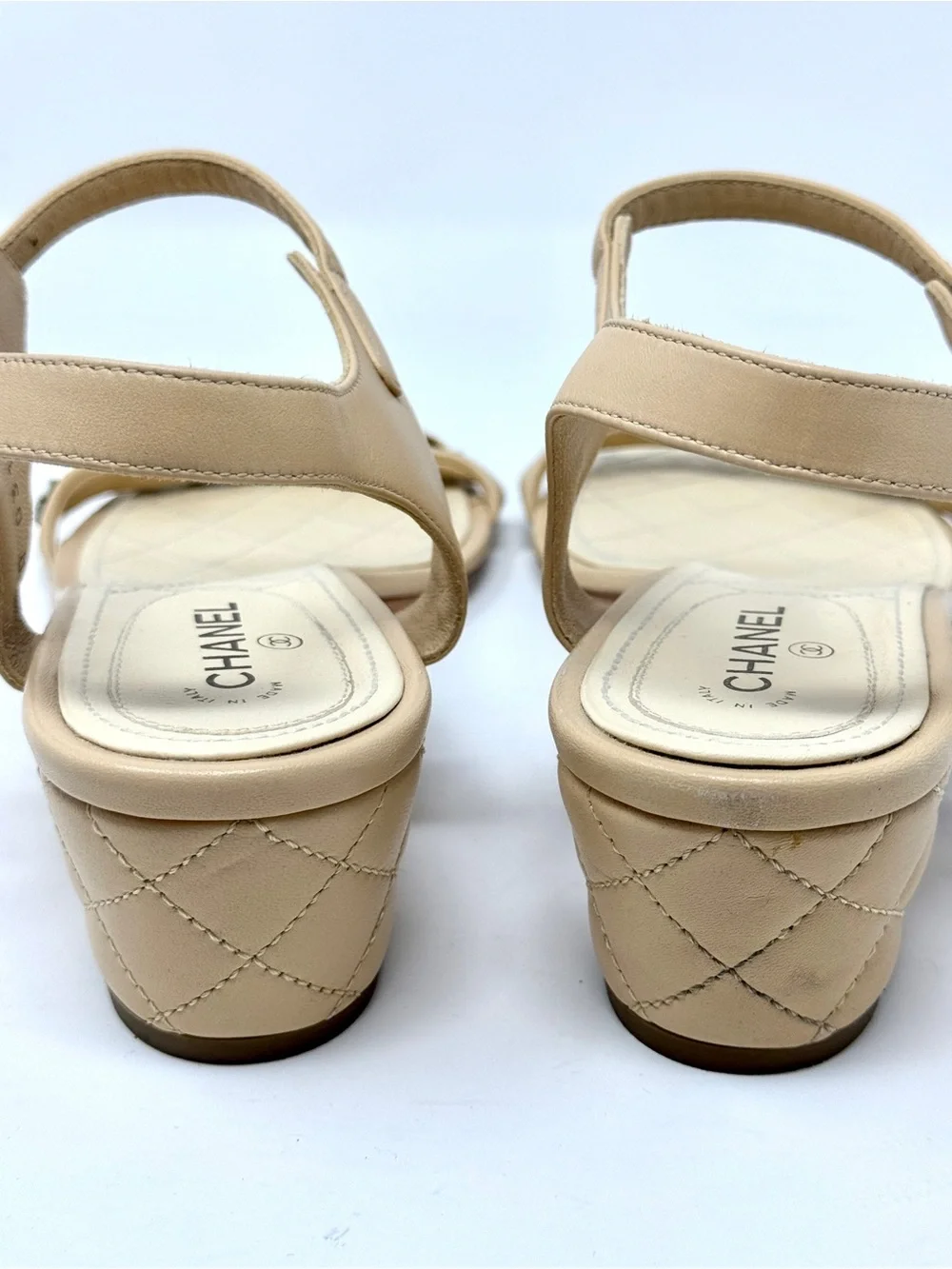 Chanel Nude Tan Beige Chain and Pearl Ankle Strap Quilted Heeled Sandals